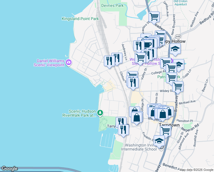 map of restaurants, bars, coffee shops, grocery stores, and more near 24 River Street in Sleepy Hollow