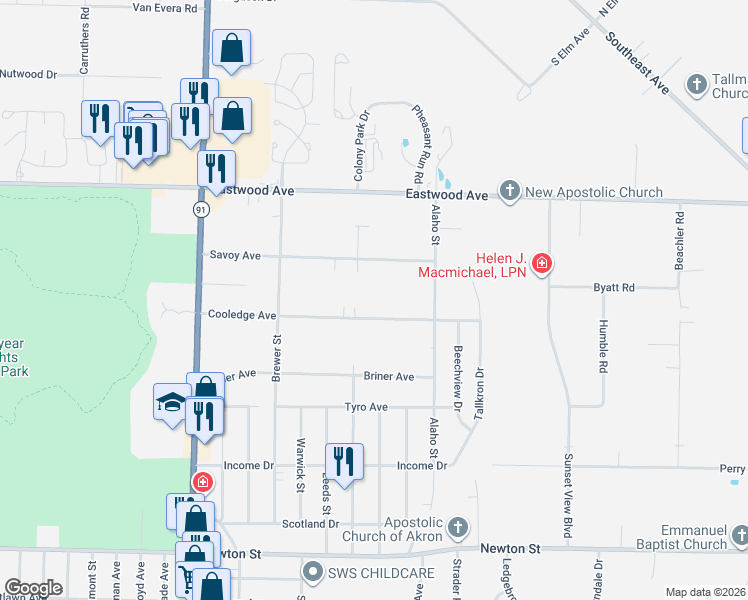 map of restaurants, bars, coffee shops, grocery stores, and more near 2353 Cooledge Avenue in Akron