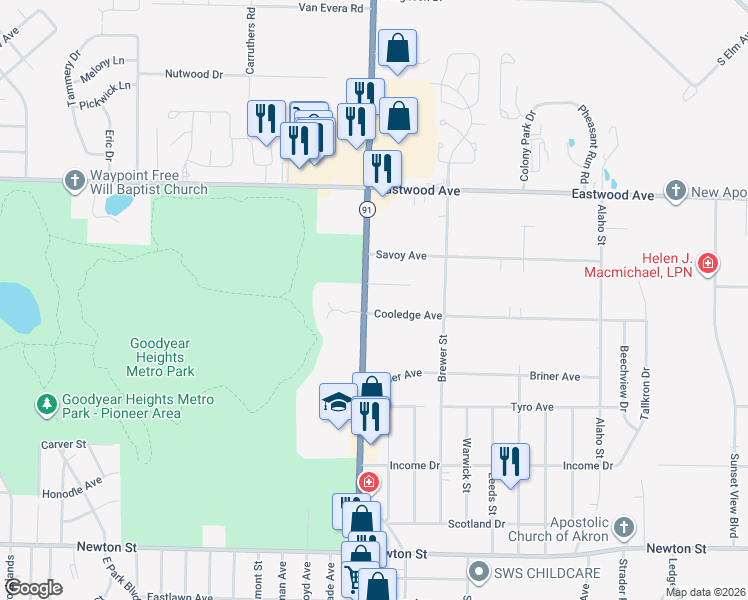 map of restaurants, bars, coffee shops, grocery stores, and more near 2145 Cooledge Avenue in Akron