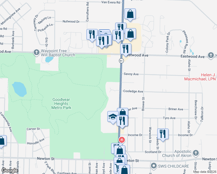 map of restaurants, bars, coffee shops, grocery stores, and more near 2145 Cooledge Avenue in Akron