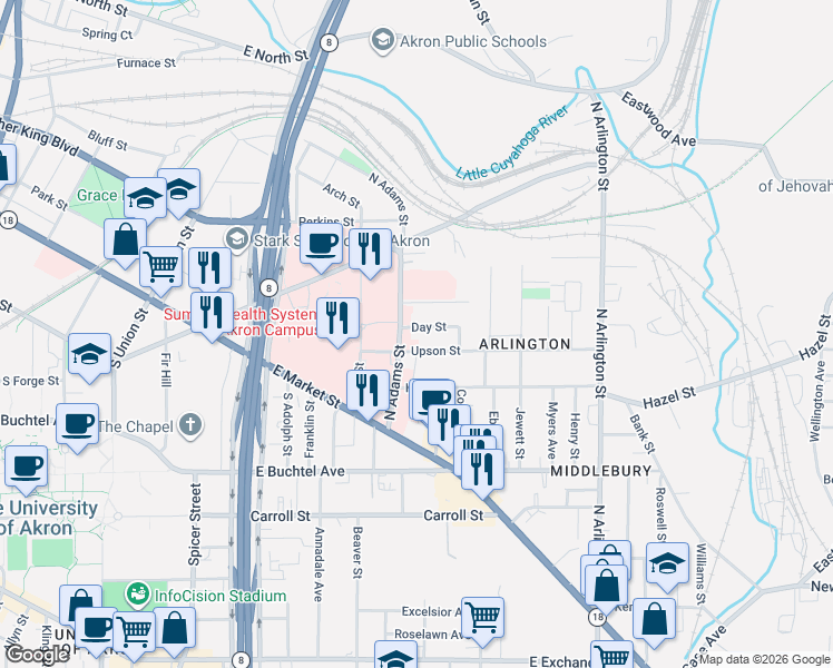 map of restaurants, bars, coffee shops, grocery stores, and more near 604 Day Street in Akron