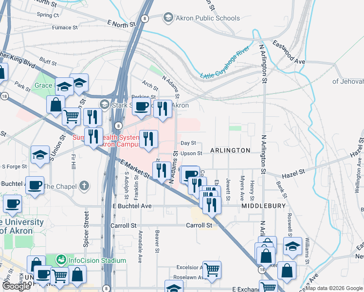map of restaurants, bars, coffee shops, grocery stores, and more near 604 Day Street in Akron