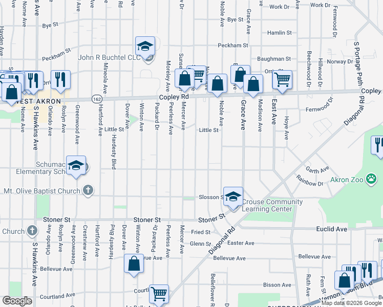 map of restaurants, bars, coffee shops, grocery stores, and more near 804 Storer Avenue in Akron
