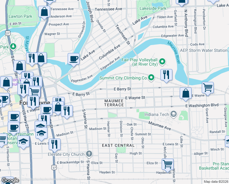map of restaurants, bars, coffee shops, grocery stores, and more near 942 East Berry Street in Fort Wayne