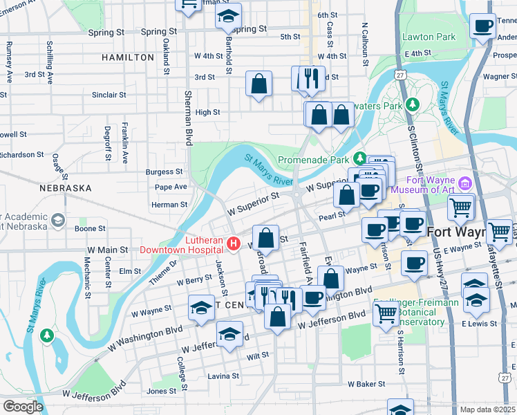 map of restaurants, bars, coffee shops, grocery stores, and more near 705 W Superior St in Fort Wayne