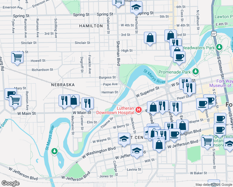 map of restaurants, bars, coffee shops, grocery stores, and more near 909 Herman Street in Fort Wayne