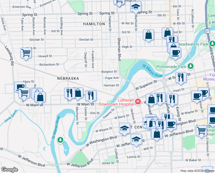 map of restaurants, bars, coffee shops, grocery stores, and more near 1017 Herman Street in Fort Wayne