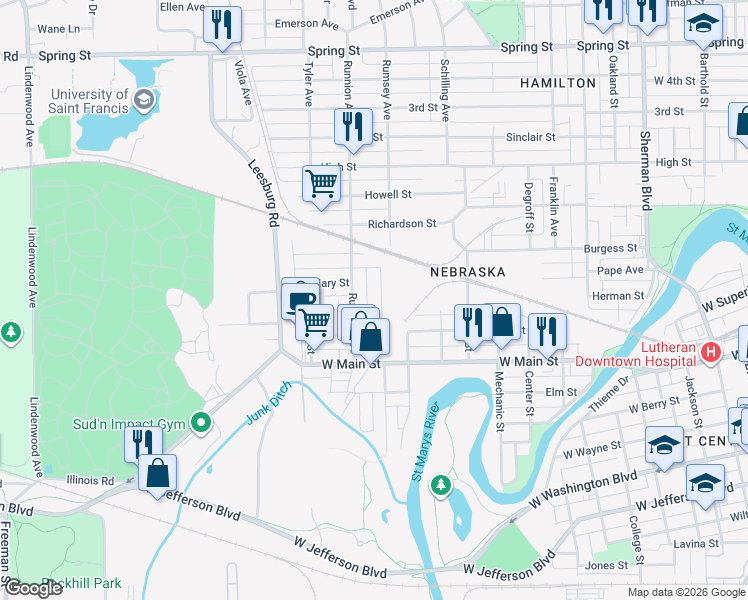 map of restaurants, bars, coffee shops, grocery stores, and more near 718 Runnion Avenue in Fort Wayne