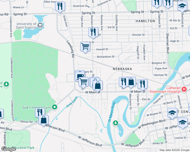 map of restaurants, bars, coffee shops, grocery stores, and more near 718 Runnion Avenue in Fort Wayne