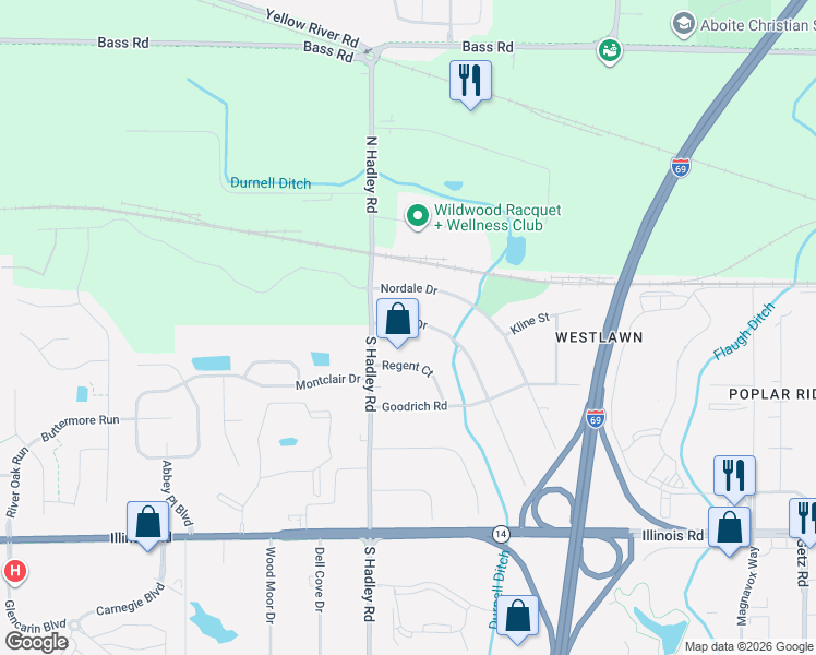 map of restaurants, bars, coffee shops, grocery stores, and more near 6933 Blake Drive in Fort Wayne