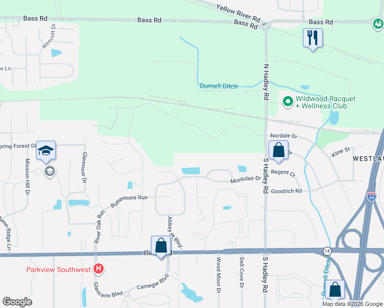 map of restaurants, bars, coffee shops, grocery stores, and more near 7470 Glen Gelder Cirlce in Fort Wayne