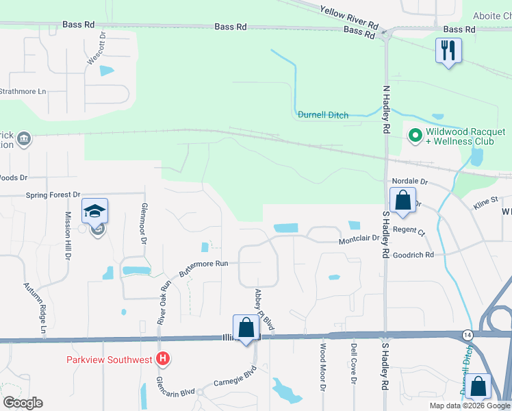 map of restaurants, bars, coffee shops, grocery stores, and more near 7722 Currie Hill Court in Fort Wayne