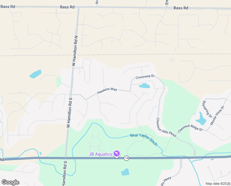 map of restaurants, bars, coffee shops, grocery stores, and more near 12223 Hawkins Way in Fort Wayne
