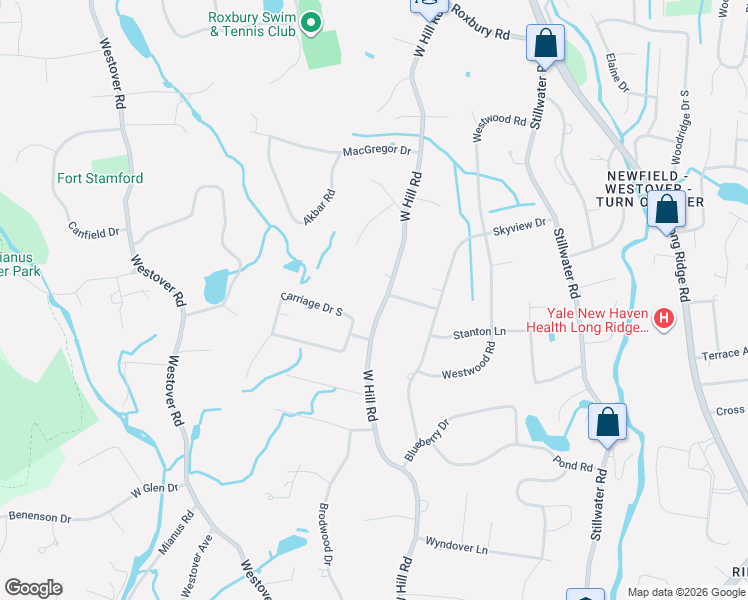 map of restaurants, bars, coffee shops, grocery stores, and more near 478 West Hill Road in Stamford