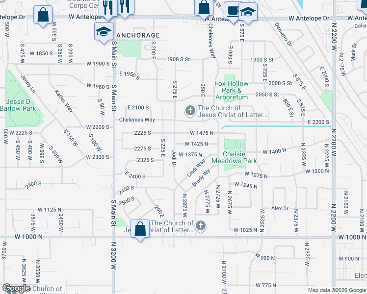 map of restaurants, bars, coffee shops, grocery stores, and more near 2881 West 1425 North in Layton