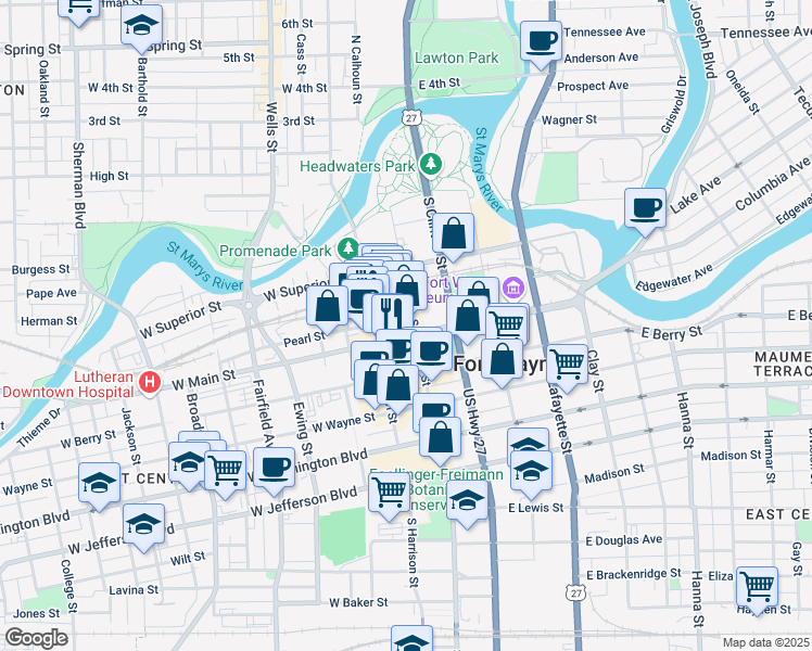 map of restaurants, bars, coffee shops, grocery stores, and more near 624 S Calhoun St in Fort Wayne