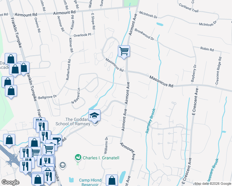 map of restaurants, bars, coffee shops, grocery stores, and more near 17 Romopock Court in Mahwah