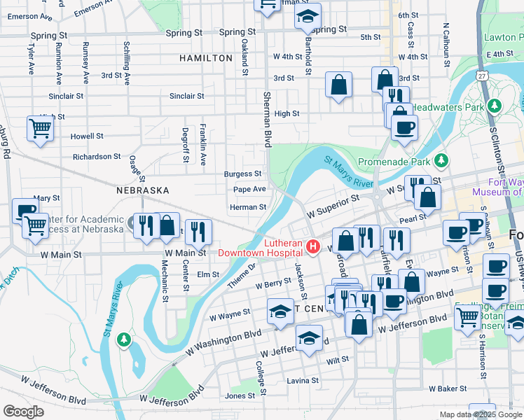 map of restaurants, bars, coffee shops, grocery stores, and more near 909 Herman Street in Fort Wayne