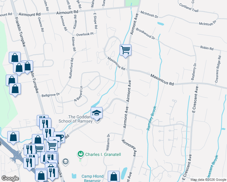 map of restaurants, bars, coffee shops, grocery stores, and more near 24 Romopock Court in Mahwah