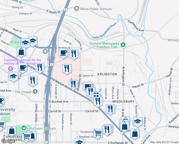 map of restaurants, bars, coffee shops, grocery stores, and more near 640 Day Street in Akron