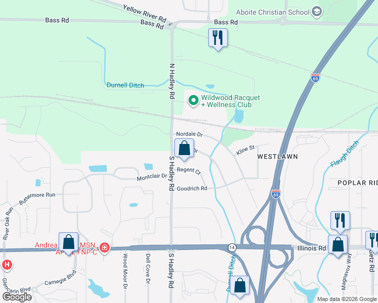 map of restaurants, bars, coffee shops, grocery stores, and more near 6933 Blake Drive in Fort Wayne