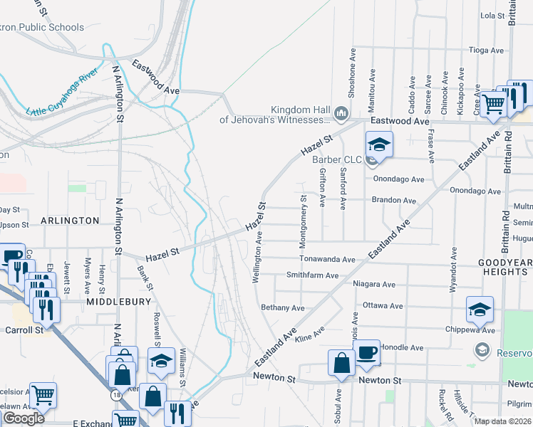 map of restaurants, bars, coffee shops, grocery stores, and more near 1080 Hazel Street in Akron