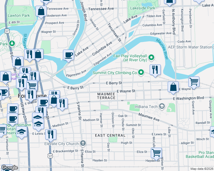 map of restaurants, bars, coffee shops, grocery stores, and more near 942 East Berry Street in Fort Wayne