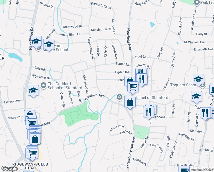 map of restaurants, bars, coffee shops, grocery stores, and more near 34 Jamroga Lane in Stamford