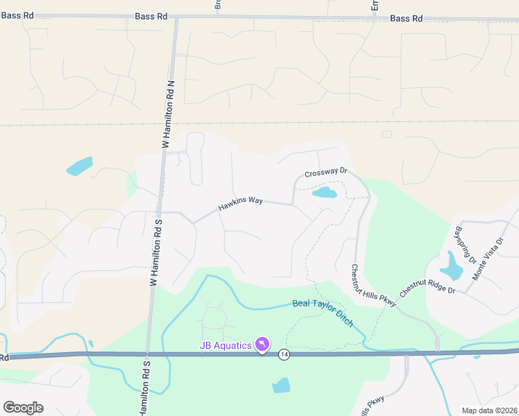 map of restaurants, bars, coffee shops, grocery stores, and more near 12223 Hawkins Way in Fort Wayne