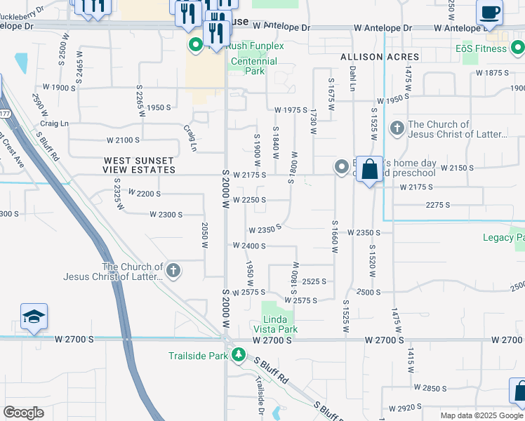 map of restaurants, bars, coffee shops, grocery stores, and more near 1835 West 2250 South in Syracuse