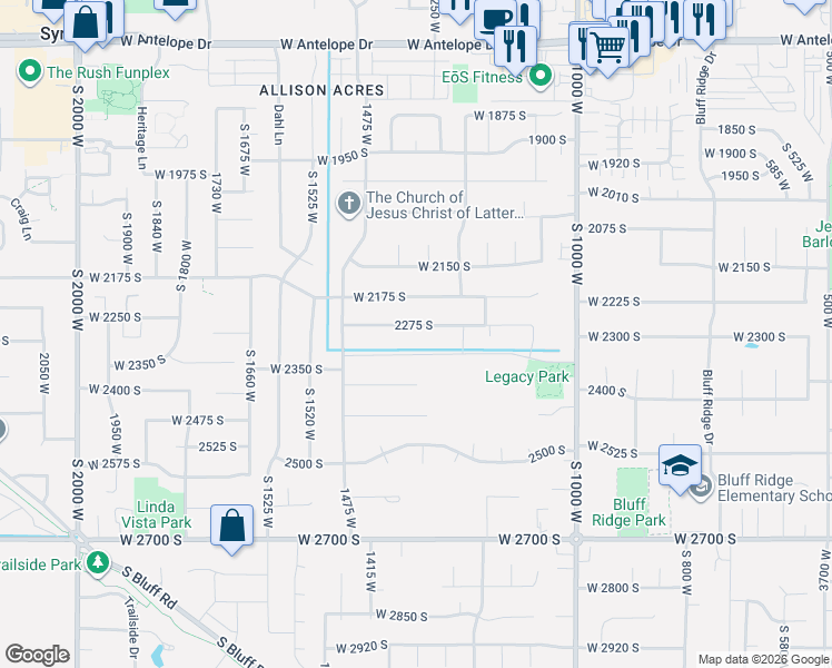 map of restaurants, bars, coffee shops, grocery stores, and more near 1317 West 2275 North in Layton
