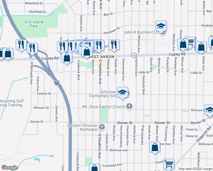 map of restaurants, bars, coffee shops, grocery stores, and more near 1120 Orlando Avenue in Akron