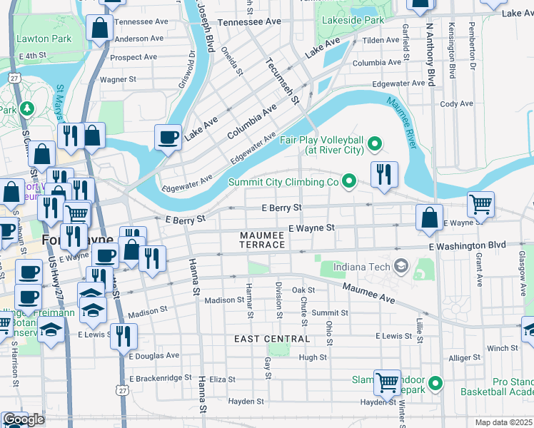 map of restaurants, bars, coffee shops, grocery stores, and more near 942 East Berry Street in Fort Wayne