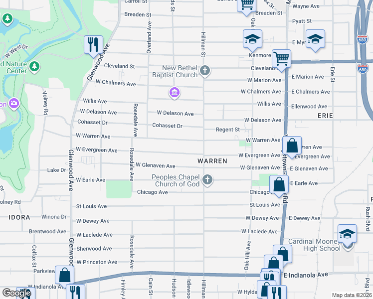 map of restaurants, bars, coffee shops, grocery stores, and more near 338 West Evergreen Avenue in Youngstown