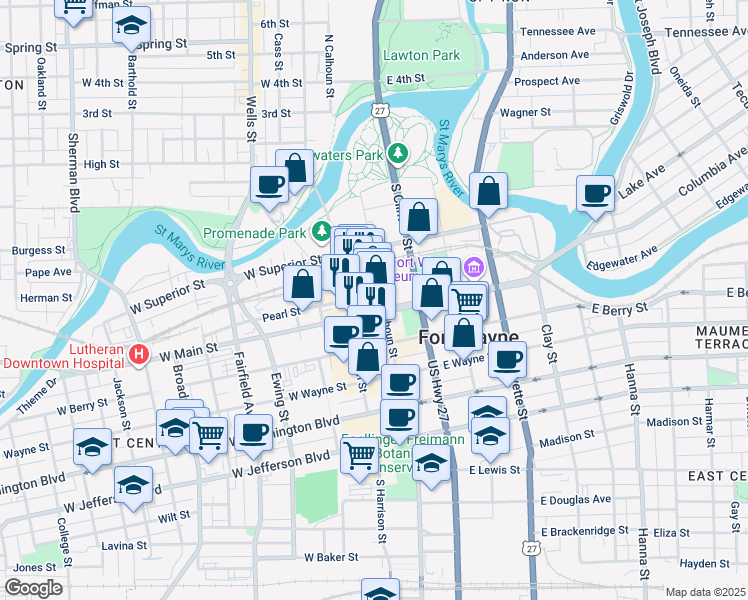 map of restaurants, bars, coffee shops, grocery stores, and more near 624 S Calhoun St in Fort Wayne