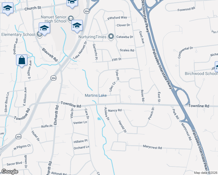 map of restaurants, bars, coffee shops, grocery stores, and more near 12 Lilac Court in Nanuet