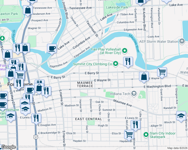 map of restaurants, bars, coffee shops, grocery stores, and more near 1014 E Berry St in Fort Wayne