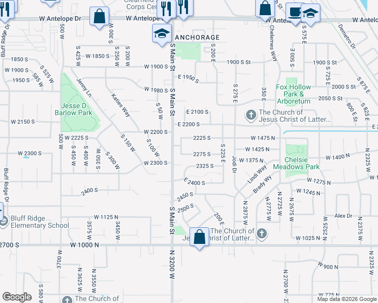 map of restaurants, bars, coffee shops, grocery stores, and more near 86 2275 South in Clearfield