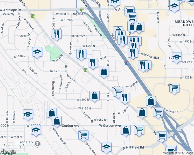 map of restaurants, bars, coffee shops, grocery stores, and more near 1398 Main Street in Layton
