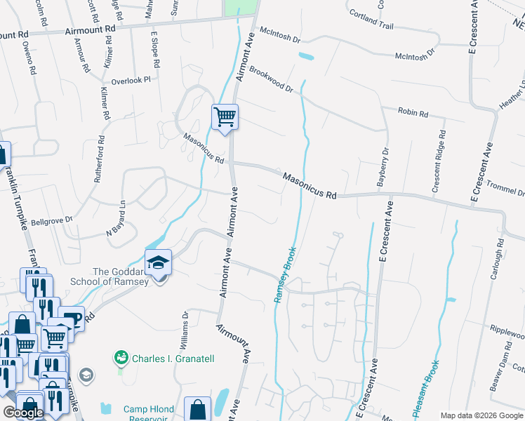 map of restaurants, bars, coffee shops, grocery stores, and more near 9 Aronow Place in Mahwah