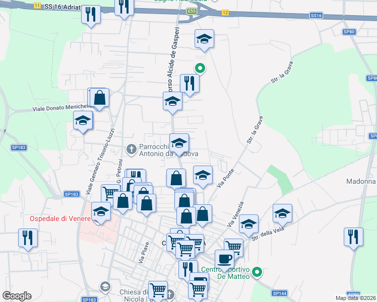 map of restaurants, bars, coffee shops, grocery stores, and more near 5 Corso Alcide de Gasperi in Bari