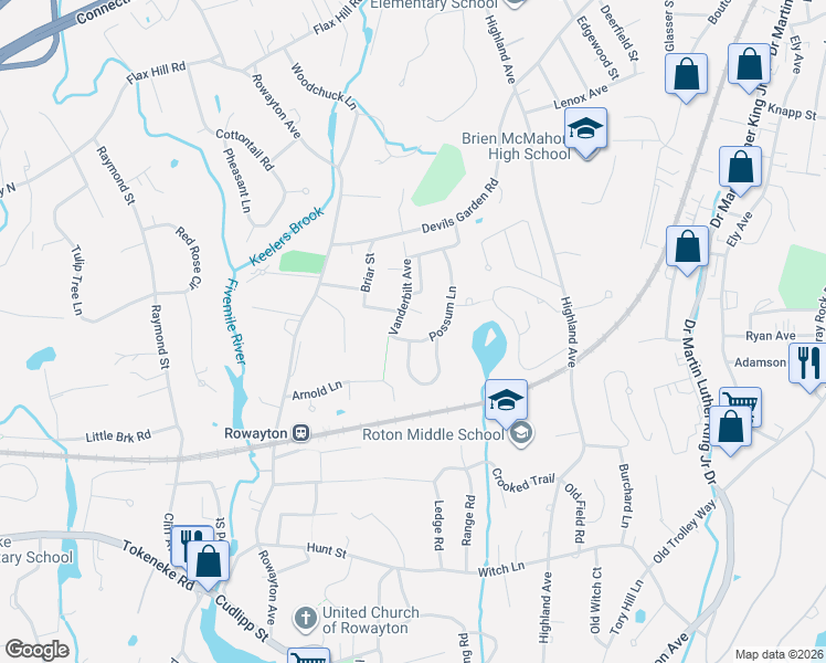 map of restaurants, bars, coffee shops, grocery stores, and more near 28 Possum Lane in Norwalk