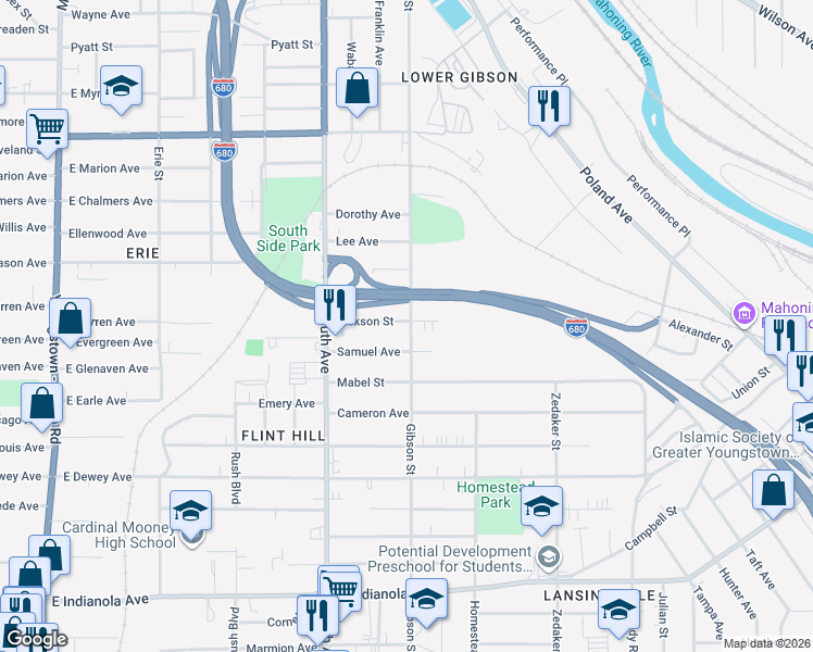 map of restaurants, bars, coffee shops, grocery stores, and more near 639 Dickson Street in Youngstown