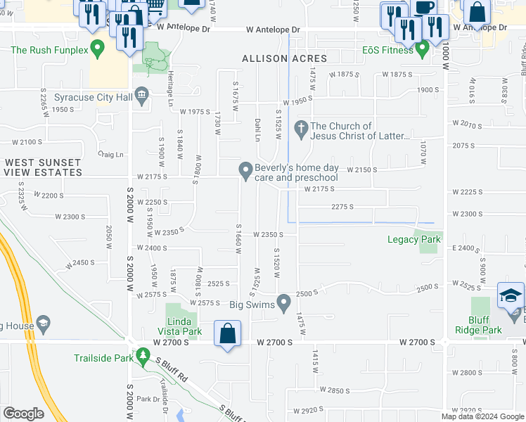 map of restaurants, bars, coffee shops, grocery stores, and more near 2277 Allison Way in Syracuse