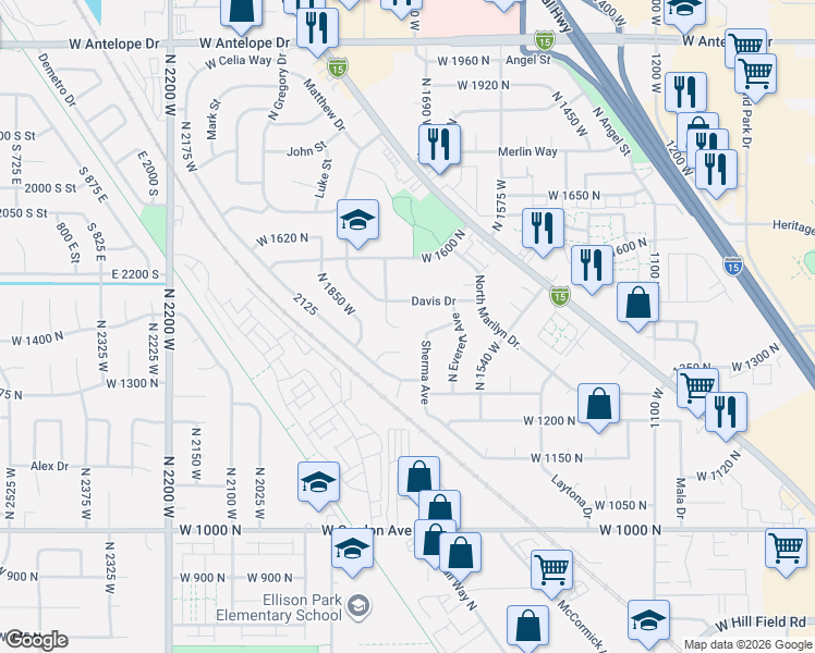 map of restaurants, bars, coffee shops, grocery stores, and more near 1411 North 1725 West in Layton