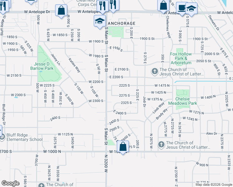 map of restaurants, bars, coffee shops, grocery stores, and more near 86 2275 South in Clearfield