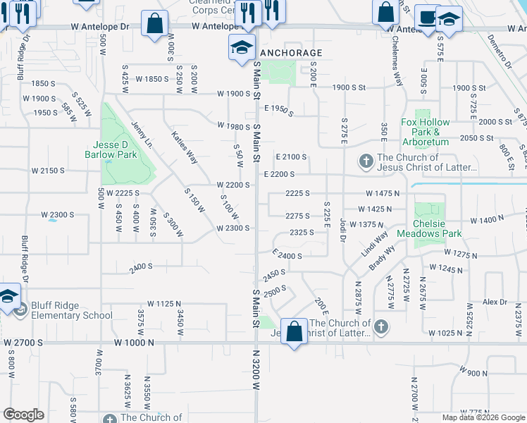 map of restaurants, bars, coffee shops, grocery stores, and more near 2274 South 50 East in Clearfield