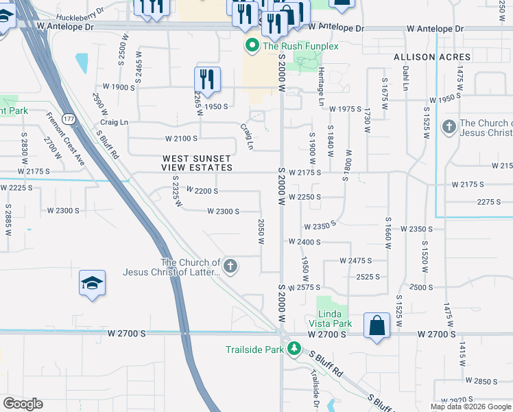 map of restaurants, bars, coffee shops, grocery stores, and more near 2100 West 2300 South in Syracuse