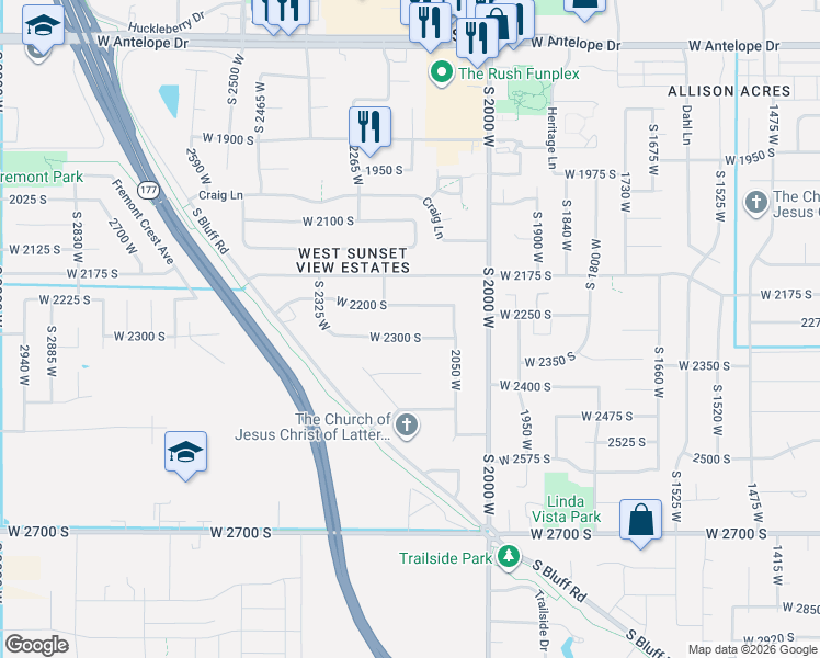 map of restaurants, bars, coffee shops, grocery stores, and more near 2172 West 2300 South in Syracuse