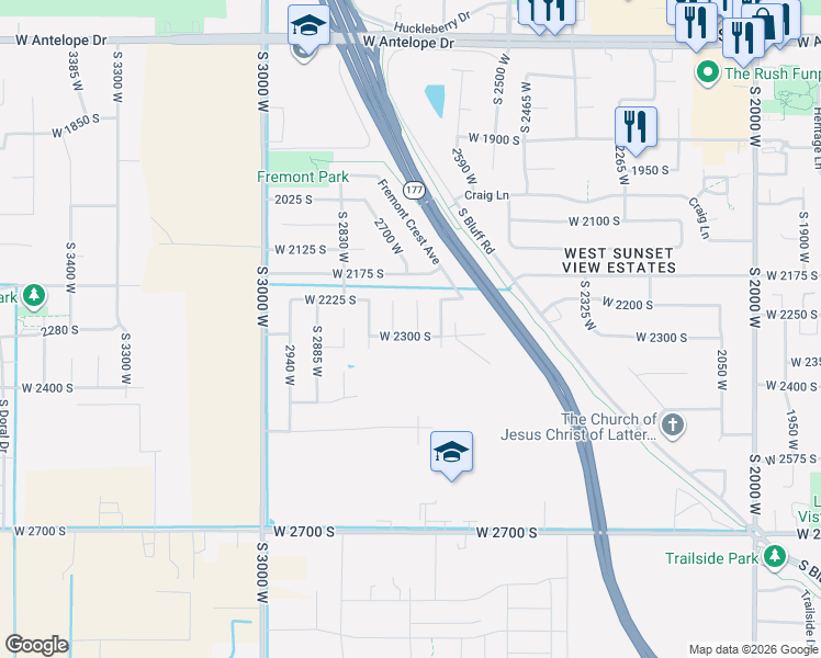 map of restaurants, bars, coffee shops, grocery stores, and more near 2710 West 2300 South in Syracuse